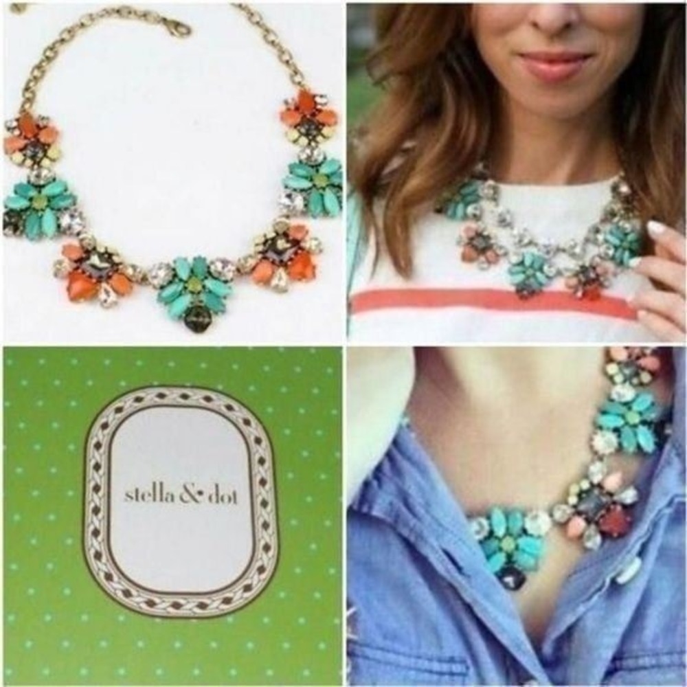 Stella & Dot Elodie Statement Necklace Turquoise Coral Gold Floral Bib Crystal